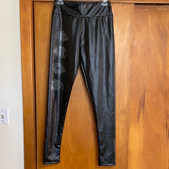 NWOT Killstar Black Polyurethane Leggings Gray Eyes Design 29” Inseam Pull On - Picture 1 of 7